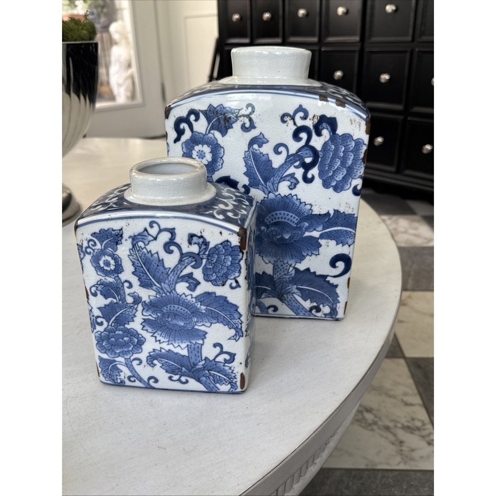 Gorgeous Rectangular Blue/White Chinoiserie Ginger Jar Pair 7.5" And 10.5"